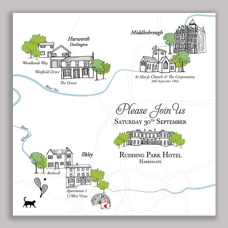 60th Wedding Anniversary invitation featuring map of Harrogate and Ilkley