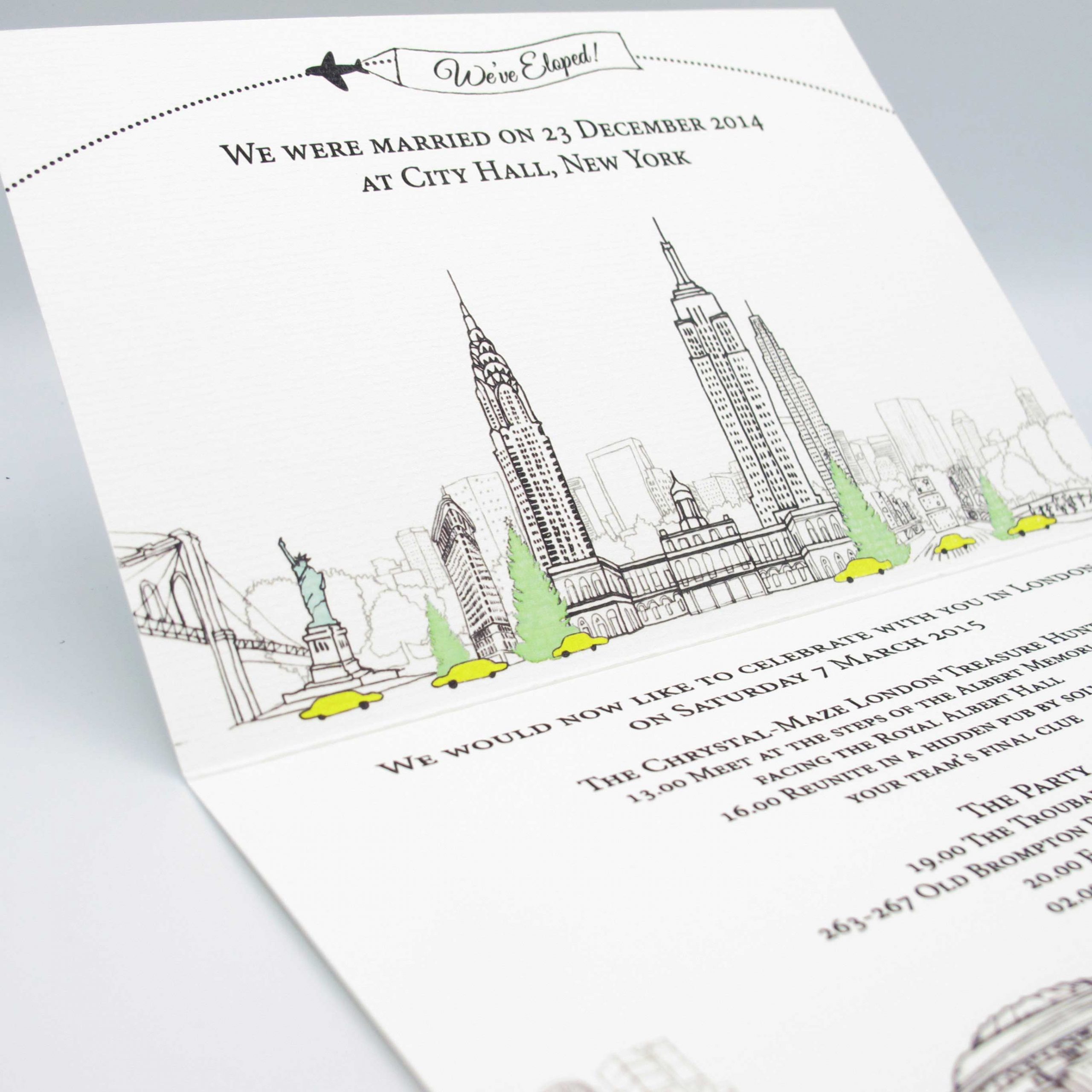 New York and London wedding invitations featuring skyline of both cities