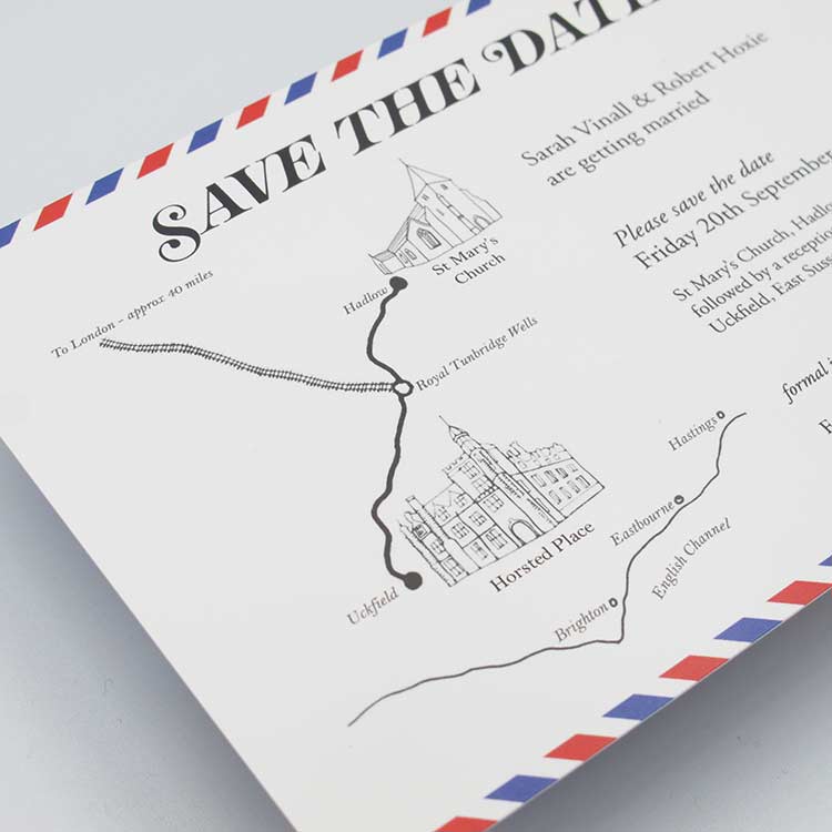 Airmail style save the date with small map of Horsted Place and Church
